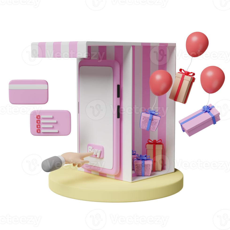 mobile phone or smartphone with store front, cylinder podium, businessman hand, gift box, credit card isolated. festive New Year or online shopping concept, 3d illustration or 3d render png