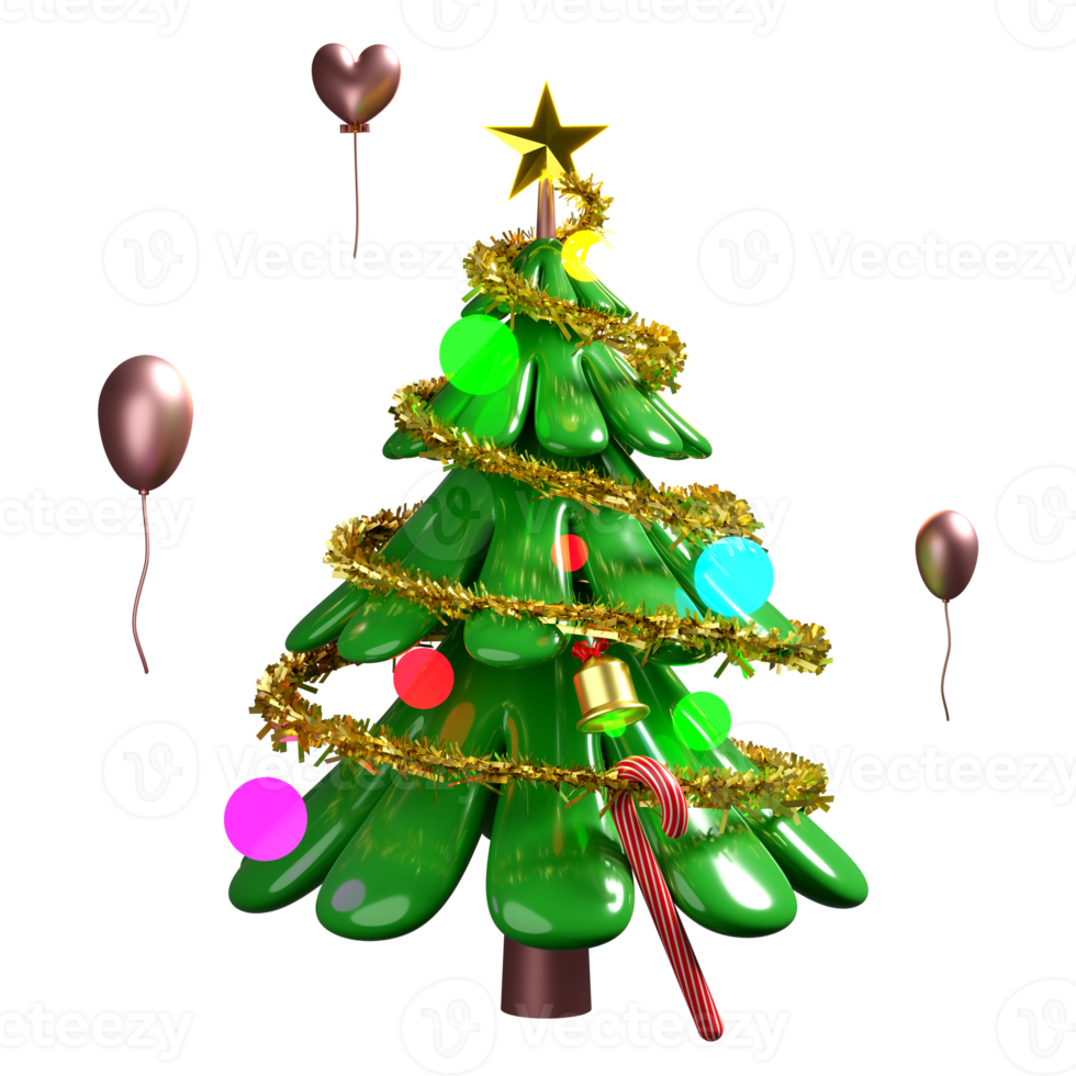 árbol de navidad y adornos para sitios web o carteles o tarjetas de felicidad, pancarta de navidad y año nuevo festivo, ilustración 3d o presentación 3d png