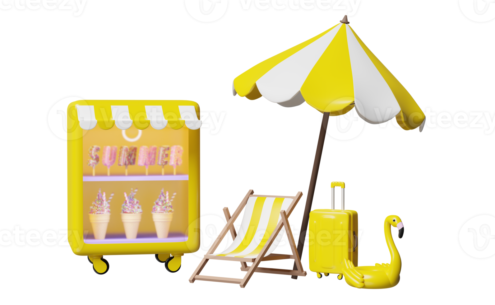 shop store with ice cream showcases or fridge, yellow suitcase, beach chair, Inflatable flamingo, umbrella isolated. 3d illustration or 3d render png