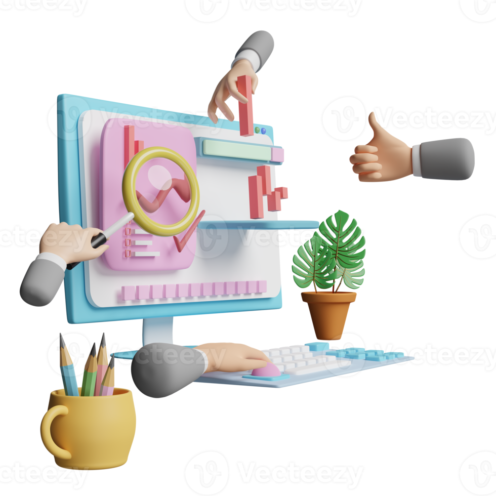 computer with charts and graph, analysis business financial data, businessman hand, magnifying glass, Online marketing isolated. business strategy concept, 3d illustration or 3d render png
