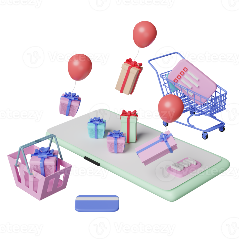 mobile phone or smartphone with shopping cart, basket, gift box, credit card isolated. festive New Year or online shopping concept, 3d illustration or 3d render png
