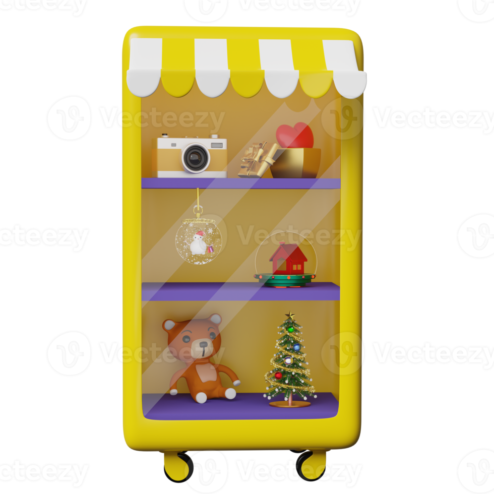 shop store product showcase or glass cabinet with glass ball and Christmas tree, camera, teddy bear isolated. Christmas banner and festive New Year, 3d illustration or 3d render png