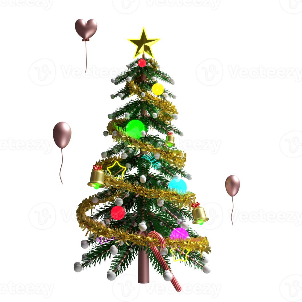 arbre de noël et ornements pour site web ou affiche ou cartes de bonheur, bannière de noël et nouvel an festif, illustration 3d ou rendu 3d png