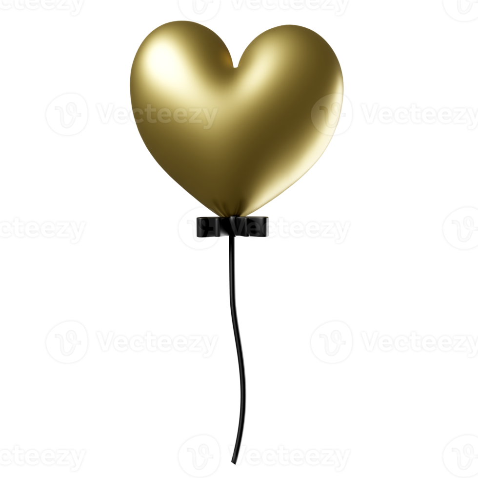 Gold heart  balloon with black bow isolated. Concept Valentines day, Christmas and festive New Year, 3d illustration or 3d render png