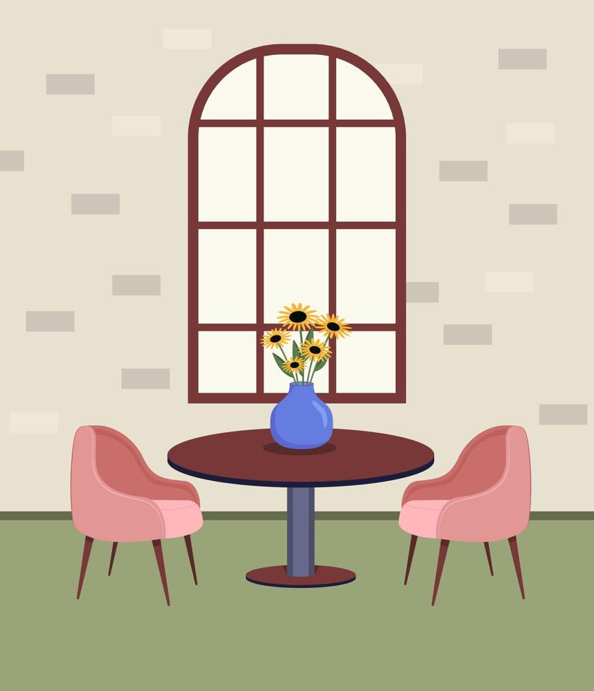 interior de café moderno con sillas rosas y mesa de madera. vacío ninguna ilustración vectorial de personas en estilo plano. vector