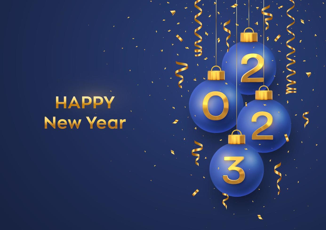 Happy New Year 2023. Hanging Blue Christmas bauble balls with realistic golden 3d numbers 2023 and glitter confetti. Greeting card. Holiday Xmas and New Year poster, banner, flyer. Vector Illustration