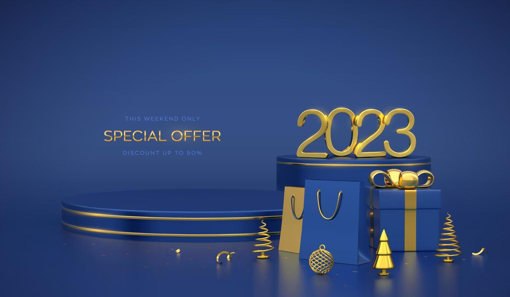 Happy New 2023 Year. 3D Golden metallic numbers 2023 on blue stage podium. Scene round platform with gift boxes and golden metallic pine, spruce trees and festive helium balloons. Vector illustration.