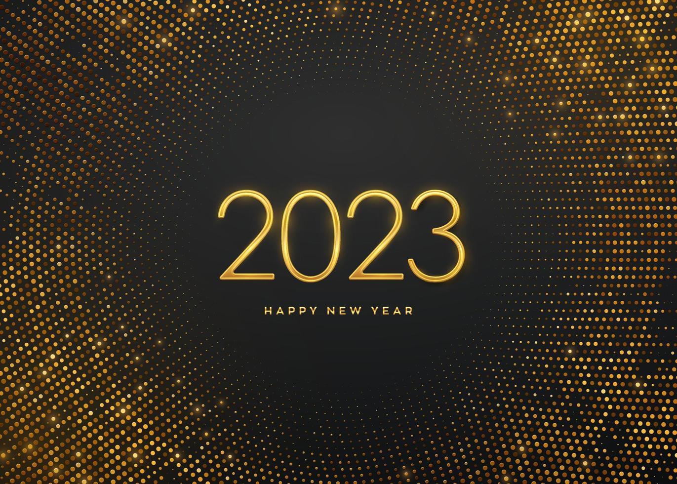 Happy New 2023 Year. Golden metallic luxury numbers 2023 on shimmering background. Realistic sign for greeting card. Bursting backdrop with glitters. Festive poster or banner. Vector illustration.