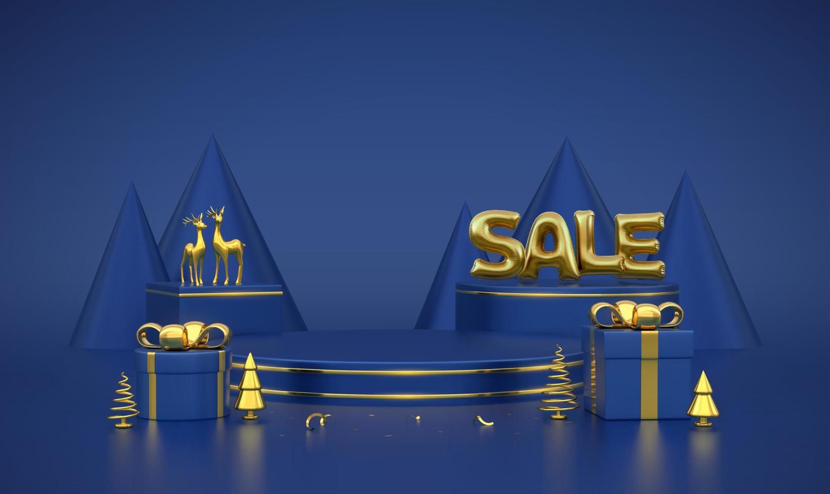 SALE banner. Scene and 3D round platforms on blue background. Golden Sale balloon word. Pedestal with gift boxes with gold bow and golden deers, metallic pine, cone spruce trees. Vector illustration.