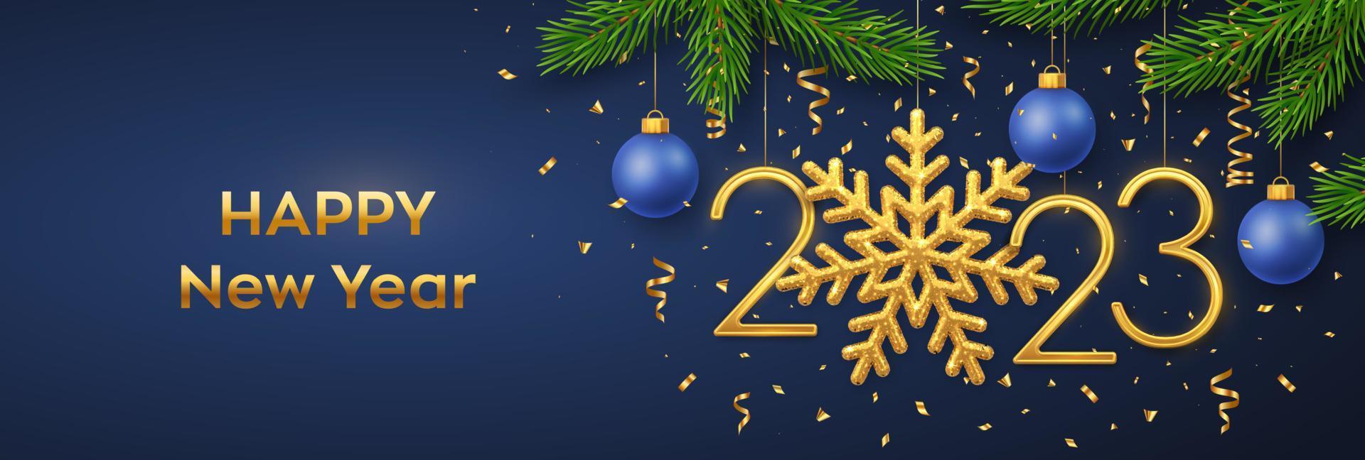 Happy New 2023 Year. Hanging Golden metallic numbers 2023 with snowflake, balls, pine branches and confetti on blue background. New Year greeting card or banner template. Holiday decoration. Vector. vector