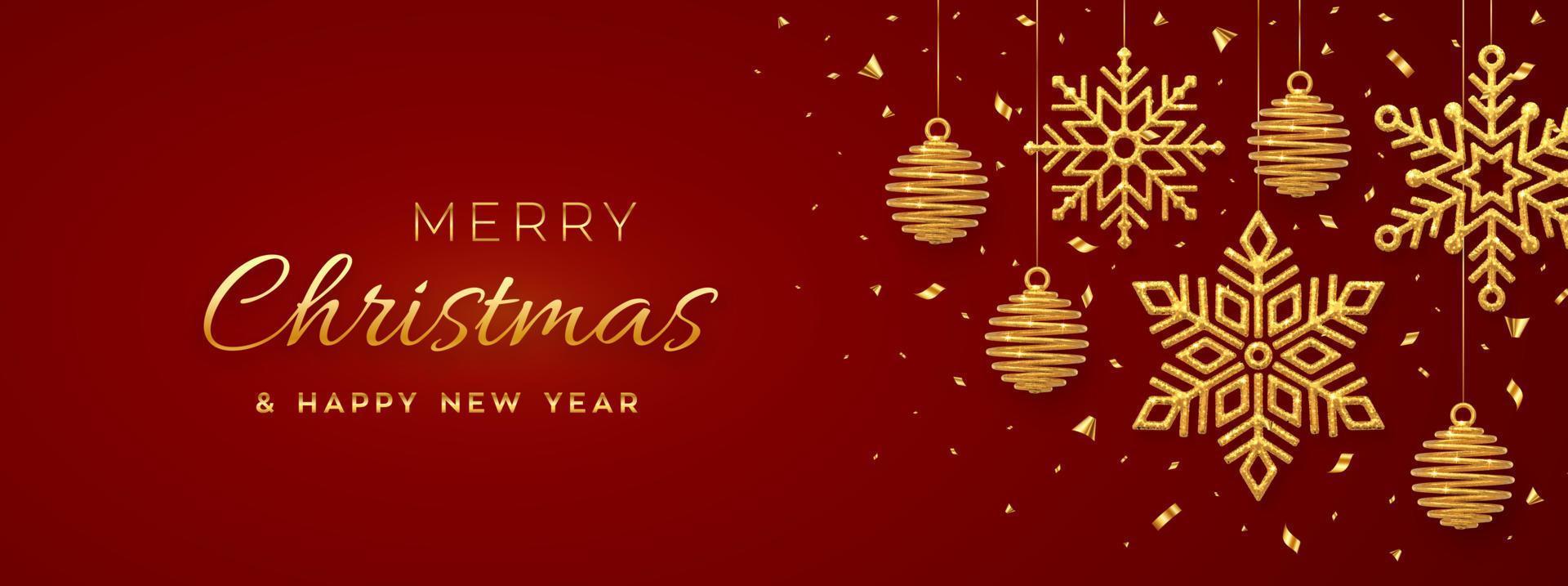 Christmas red background with hanging shining golden snowflakes and balls. Merry christmas greeting card. Holiday Xmas and New Year poster, web banner. Vector Illustration.