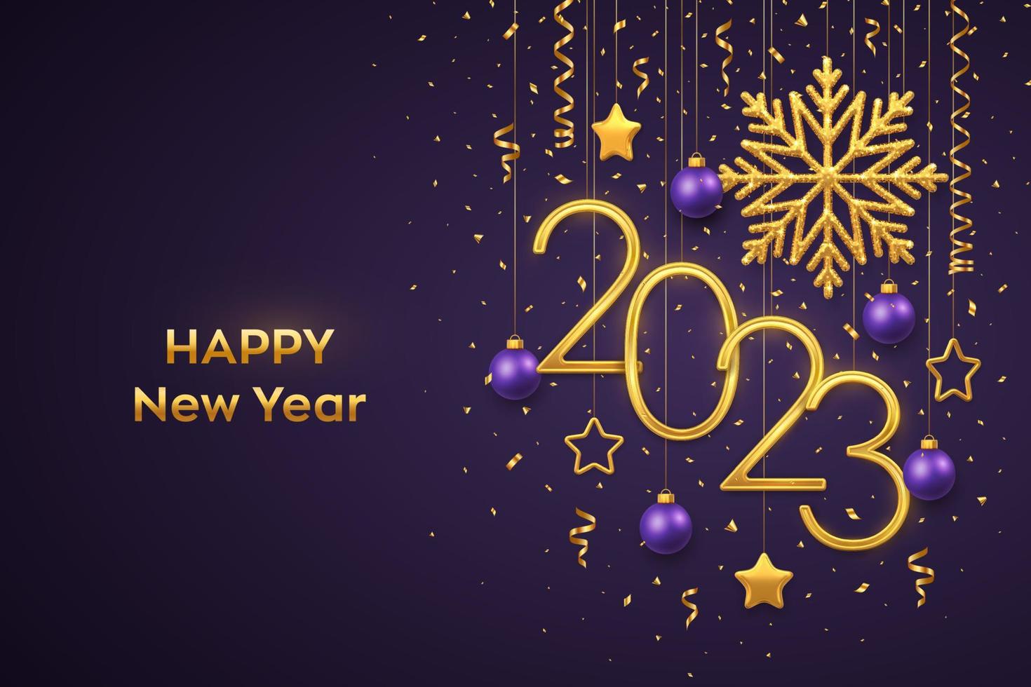 feliz año nuevo 2023. colgando números metálicos dorados 2023 con copos de nieve brillantes, estrellas metálicas 3d, bolas y confeti sobre fondo morado. tarjeta de felicitación de año nuevo o plantilla de banner. vector. vector