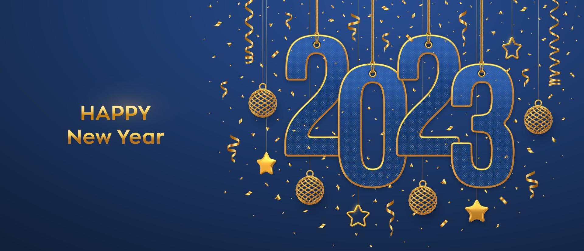 Happy New 2023 Year. Hanging on gold ropes numbers 2023 with shining 3D metallic stars, balls and confetti on blue background. New Year greeting card, banner template. Realistic Vector illustration.