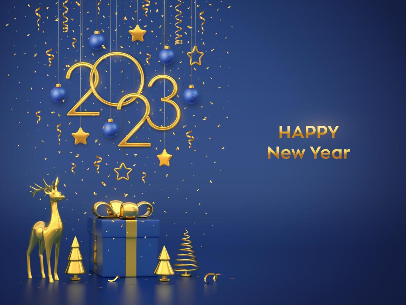 Happy New 2023 Year. Hanging golden metallic numbers 2023 with stars, balls on blue background. Gift box, gold deer and golden metallic pine or fir, cone shape spruce trees. Vector illustration.