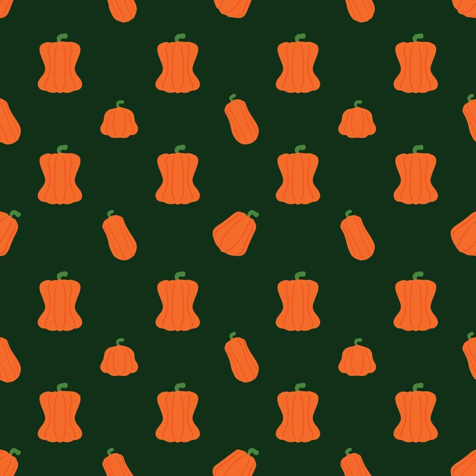 Concept of autumn seamless pattern. Repetitive pumpkin on green background. Vector illustration. Orange pumpkins. Design element for brochure menu poster website design