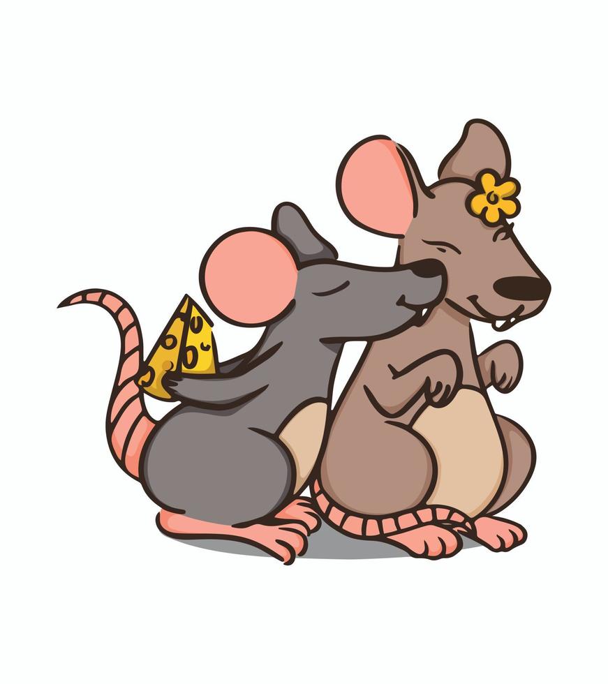 Concept of cute rats. Rat holds cheese and kisses other one on cheek. Vector illustration. Image isolated on white background. Design element