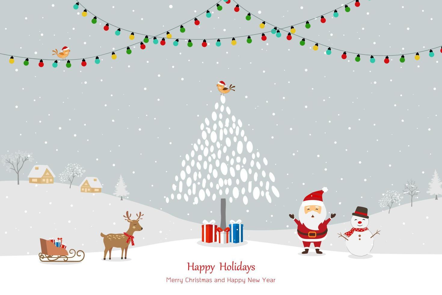 feliz navidad y feliz año nuevo tarjeta de felicitación con santa claus feliz en invierno vector