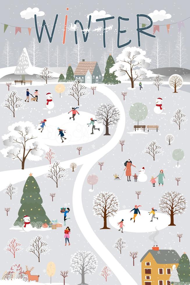 país de las maravillas de invierno en la víspera de navidad con celebración de personas en el parque de la ciudad por la noche. ilustración vectorial escena de invierno linda caricatura para tarjeta de felicitación o pancarta para navidad o año nuevo vector