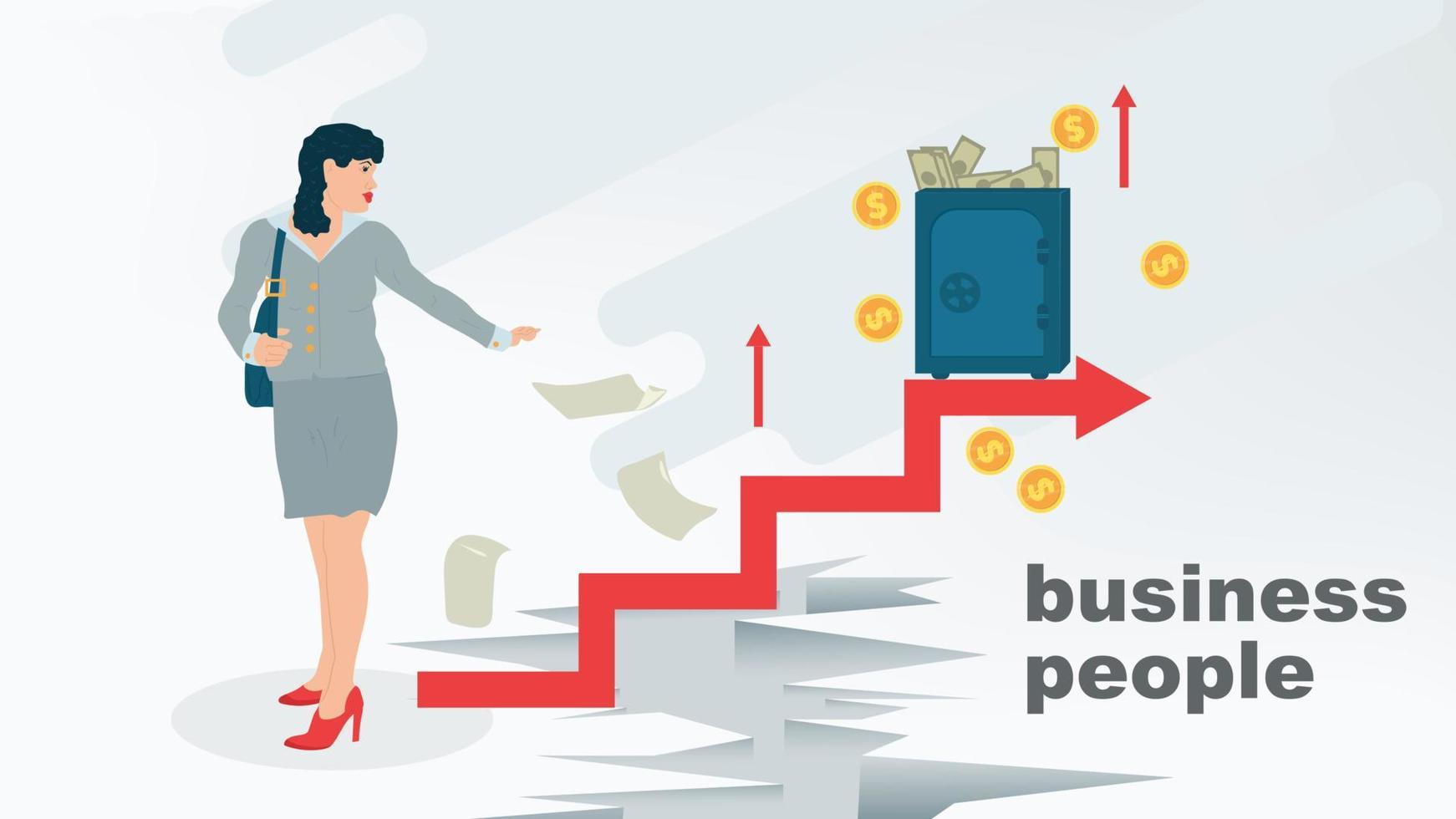 A business woman stands next to a graph leading across the abyss to a safe with money an illustration in the style of a flat on the topic of business vector