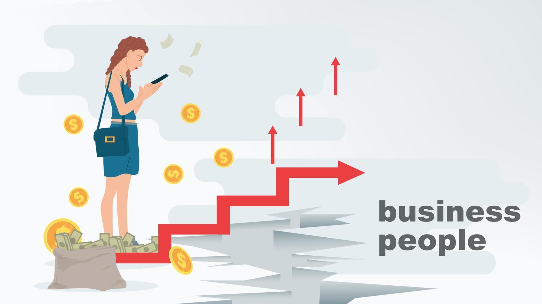 A girl with a phone is standing on a bridge over a chasm in the form of a graphic illustration in the style of a flat on the topic of business vector