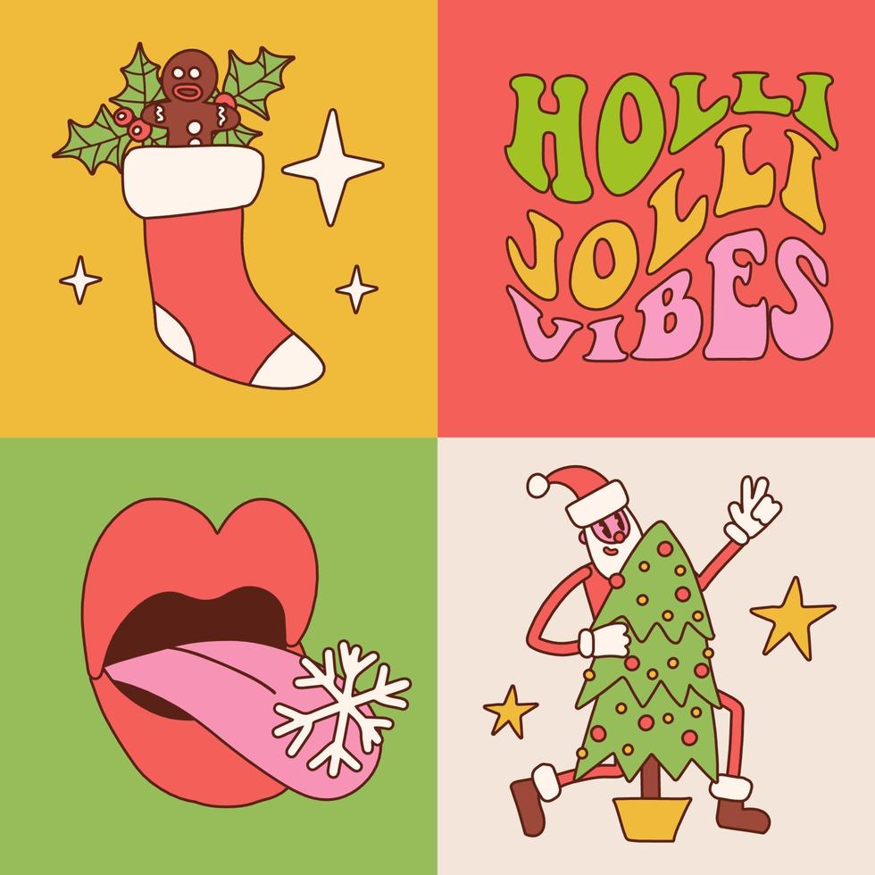 feliz navidad y próspero año nuevo conjunto de tarjetas maravillosas. santa claus, árbol de navidad, stocking, holly jolly vibes en el moderno estilo de dibujos animados retro de los años 60. plantilla de impresión de carteles de saludo. ilustración vectorial vector