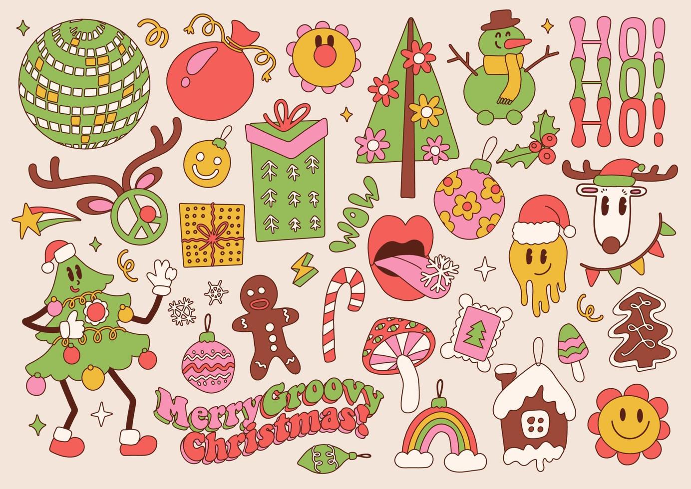 gran conjunto de elementos retro maravillosos de feliz navidad de los años 70. Groovy hippie colección de imágenes prediseñadas de vacaciones. mascota del árbol de navidad, árbol de navidad, emoji, regalos, objetos de moda. ilustración dibujada a mano vectorial. vector