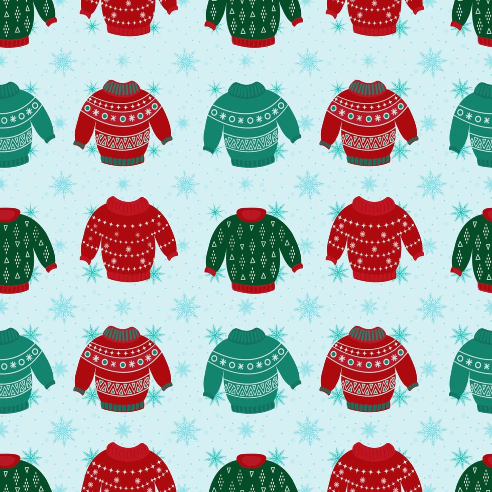 Vector set of Christmas sweaters with ornaments and festive decorations. Collection of knitted winter jumpers. Stylish fashion design. Winter sweaters and jumpers.