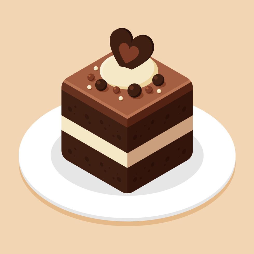 trozo de pastel de cubo de chocolate con bola de chocolate en un plato o plato. delicioso concepto de postre dulce. icono de comida isométrica. elemento de ilustración de vector de dibujos animados lindo. símbolo de dulces. menú de cafetería.