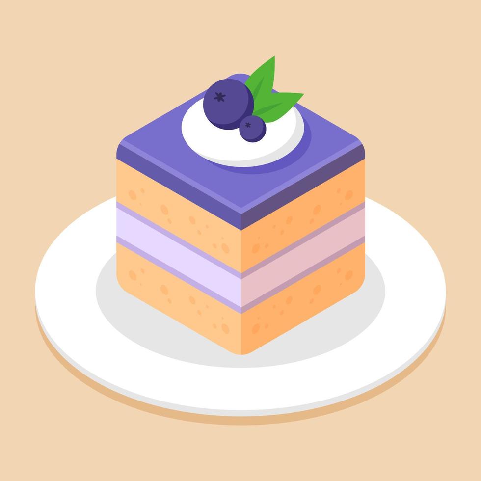 Piece of blueberry cube cake topping with blueberries on plate or dish. Delicious sweet dessert concept. Isometric food icon. Cute cartoon vector illustration element. Symbol of sweets. Cafe menu.