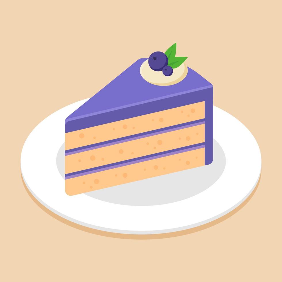 Slice of blueberry cake topping with blueberries on plate or dish. Delicious sweet dessert concept. Isometric food icon. Cute cartoon vector illustration graphic element. Symbol of sweets. Cafe