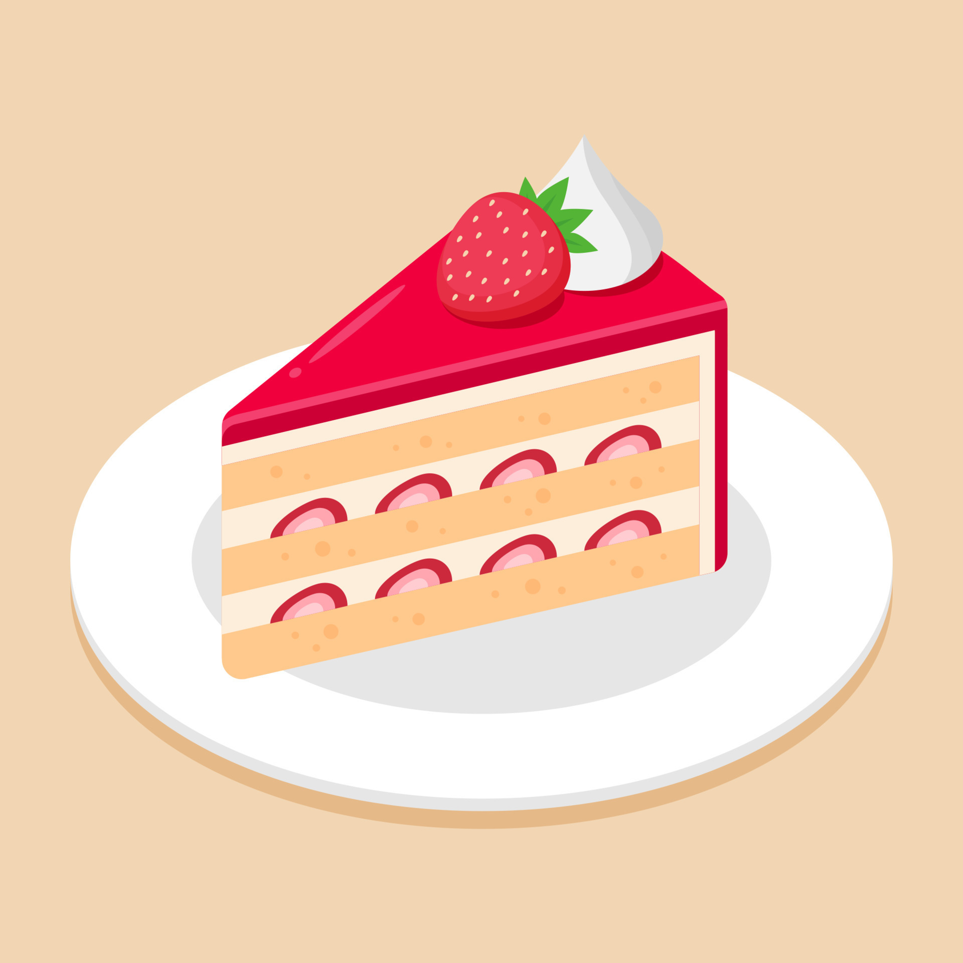 Slice of strawberry cake on topping with a strawberry on dish or plate.  Delicious sweet dessert concept. Isometric food icon. Cute cartoon vector  illustration. Symbol of sweets element. Cafe menu. 13478597 Vector