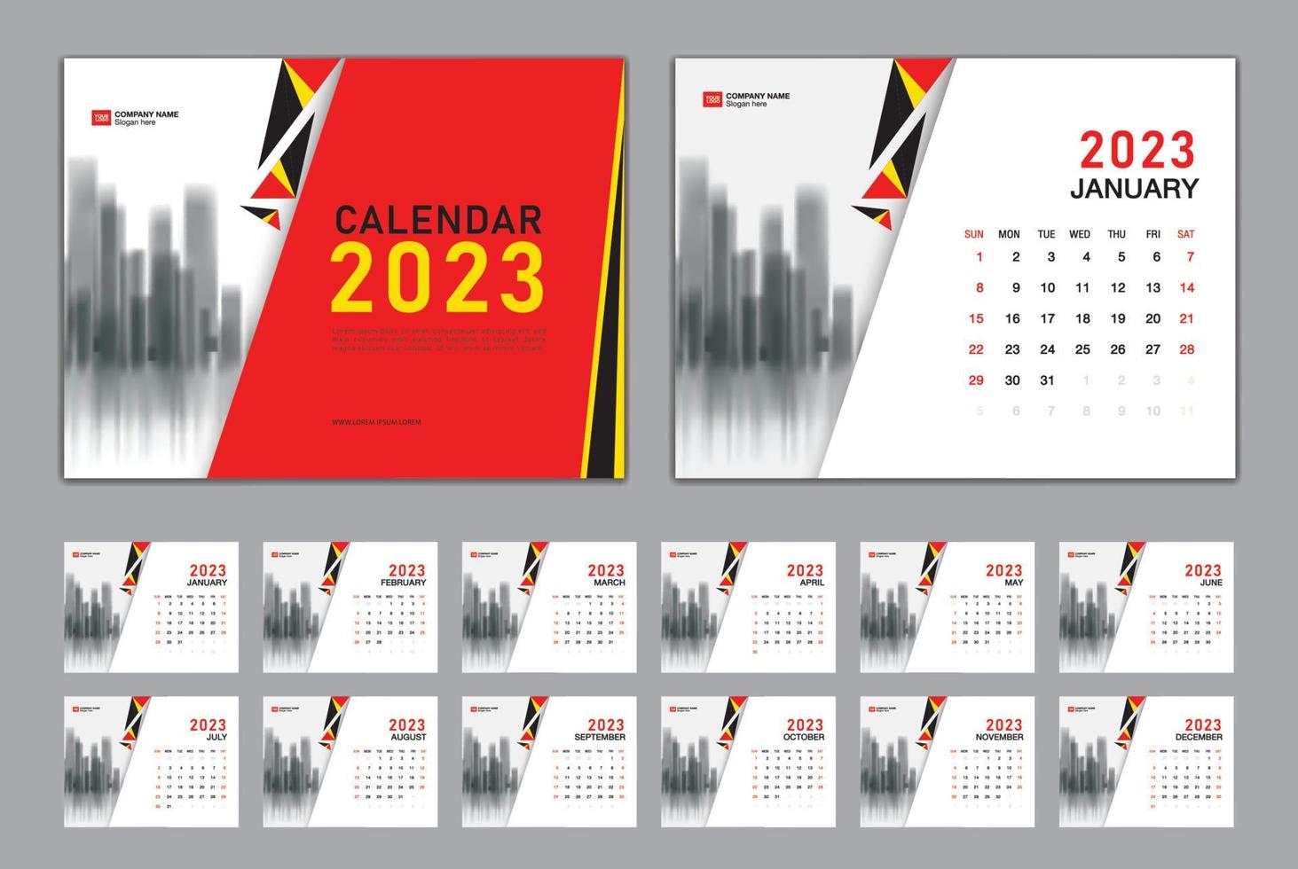 vector de conjunto de plantillas de calendario 2023, la semana comienza el domingo, conjunto de 12 meses, calendario de escritorio 2023 año, diseño de calendario de pared 2023, plantilla comercial, diseño de papelería, medios de impresión, diseño de portada roja