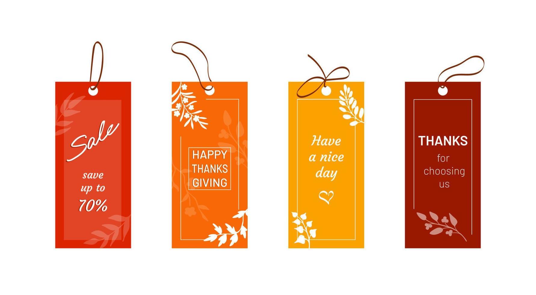 Set of vertical tags in autumn color scheme, with hand drawn silhouettes of leaves and twigs. Elegant templates for prints, with samples of text. Messages for customers, greetings, sale ads, wishes vector