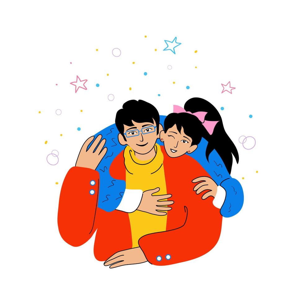 Happy young couple, family, girl embracing guy from behind. Korean, Chinese, or Japanese people. Honeymoon. Friends, lovers, brother and sister, husband and wife together. Doodle illustration vector