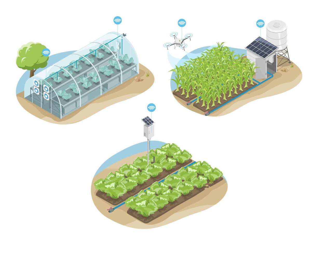 símbolos de concepto de iot de granja inteligente bomba de agua de células solares y ecología de equipos de sistema de agricultura de drones para diagrama agrícola isométrico vector