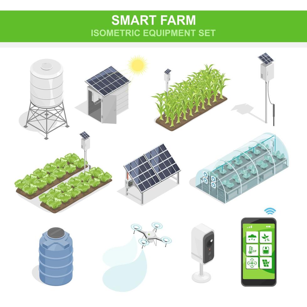 smart farm iot set bomba de agua de células solares y equipo de sistema de cultivo de drones ecología para diagrama agrícola isométrico vector