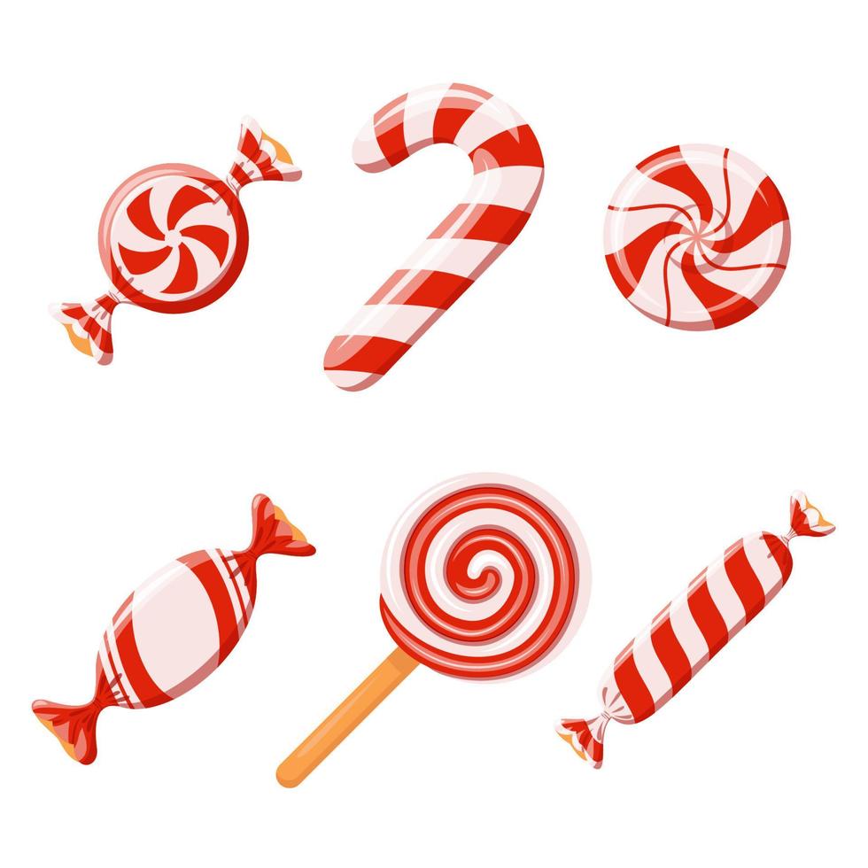 conjunto de dulces de rayas rojas. caramelo duro, bastón de caramelo, piruleta, caramelos en envoltorio. elemento de diseño para navidad, año nuevo, cumpleaños, fiesta. ilustración vectorial aislado sobre fondo blanco vector