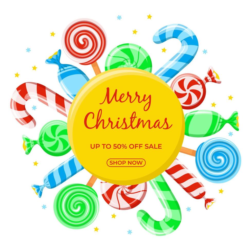 Merry Christmas promo sale banner. Red striped hard candy, candy cane, lollipop, candies in wrapper. Vector illustration for poster, web, flyer, coupon, special offer, promotions, blogs, social media