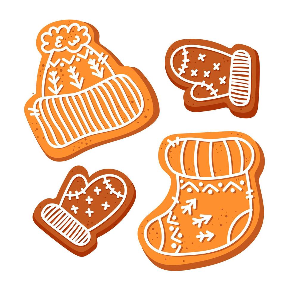 gingerbread in the form of winter clothes with white icing. Cookies in the shape of a hat, mittens, sock vector