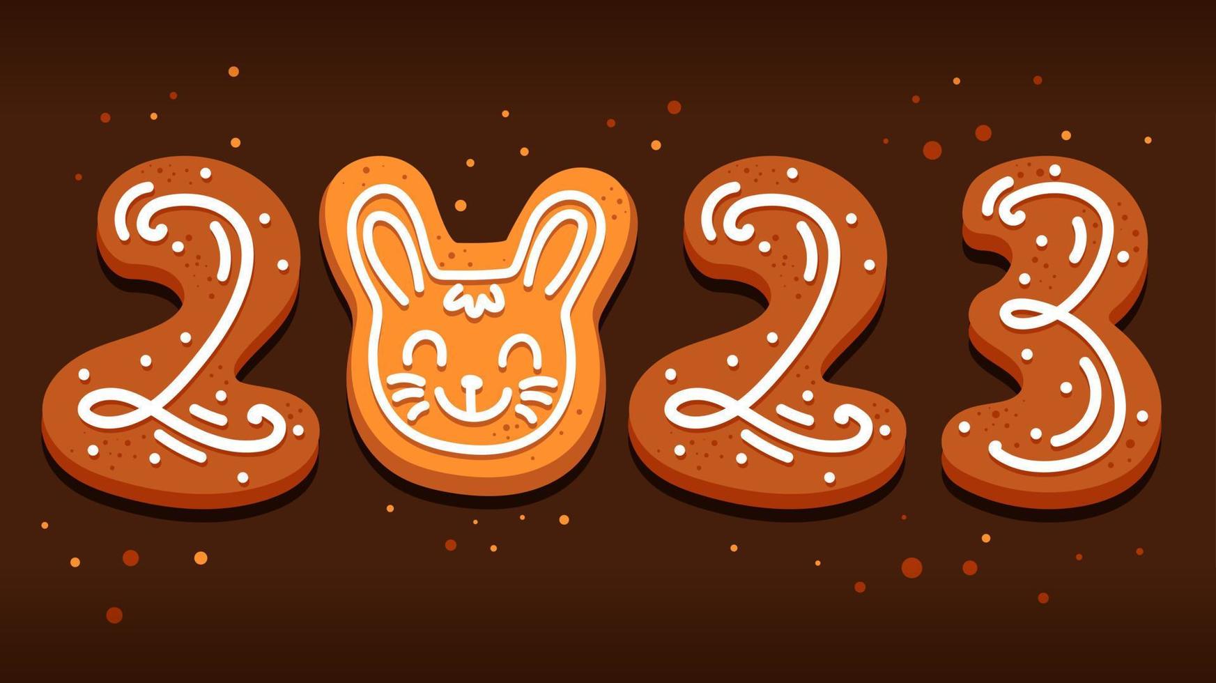 Gingerbread in the form of numbers and a rabbit symbol of 2023 rabbit in a cartoon style vector