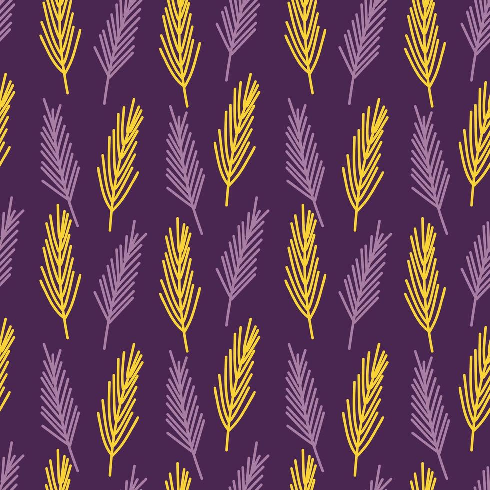 Vector pattern with purple and yellow abstract twigs on a purple background. Botanical pattern for postcards, gifts, holidays, fabrics, packaging