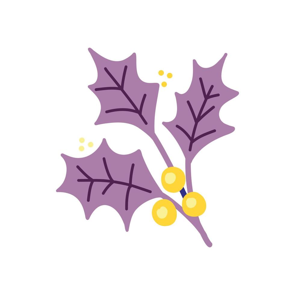 Vector illustration with purple twigs of leaves and pale yellow berries and flowers in a flat handmade style on a white background. Botanical illustration for postcards, gifts, holidays, fabrics