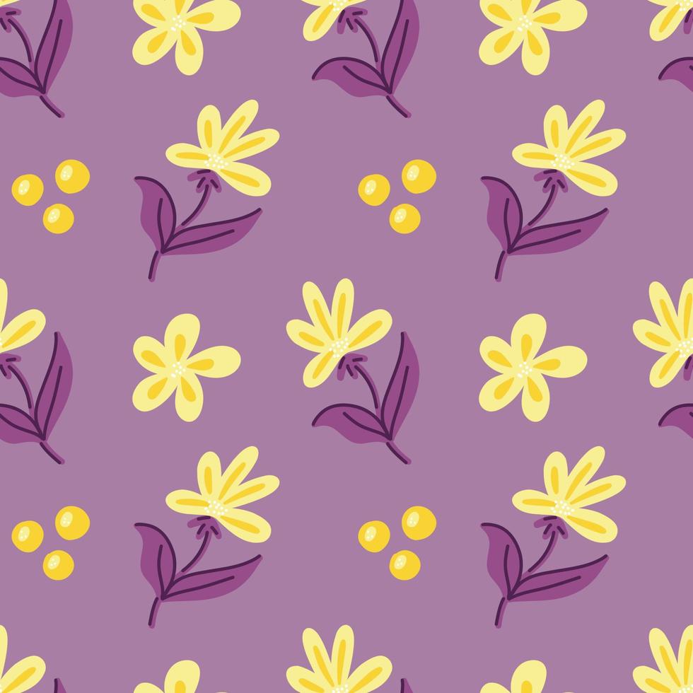 Vector pattern with purple and yellow abstract twigs of leaves and flowers on a purple background. Botanical pattern for postcards, gifts, holidays, fabrics, packaging