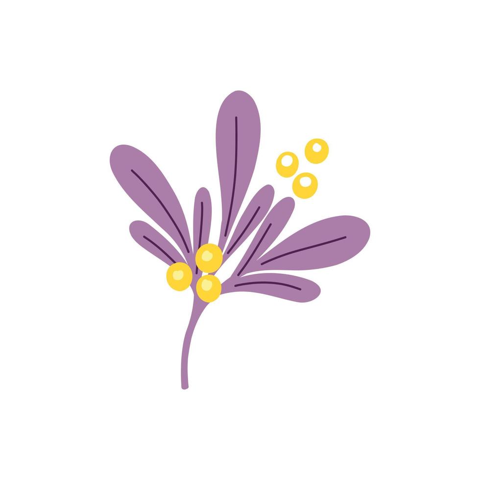Vector illustration with purple twigs of leaves and pale yellow berries and flowers in a flat handmade style on a white background. Botanical illustration for postcards, gifts, holidays, fabrics