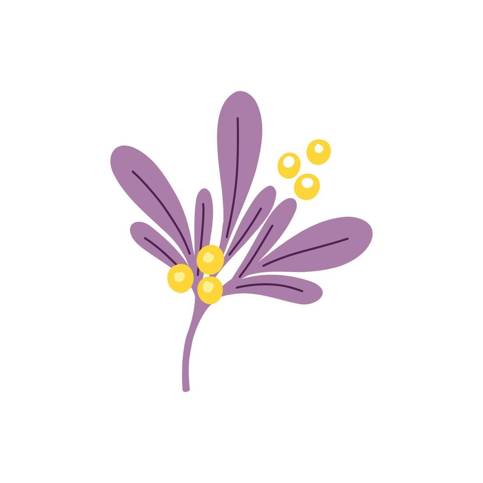 ilustración vectorial con ramitas moradas de hojas y bayas y flores de color amarillo pálido en un estilo plano hecho a mano sobre un fondo blanco. ilustración botánica para postales, regalos, vacaciones, telas vector