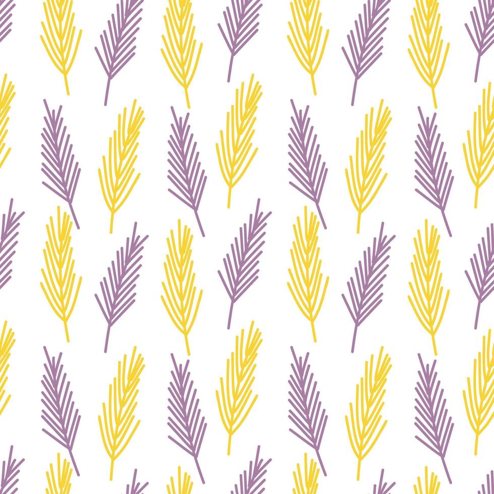 Vector pattern with purple and yellow abstract twigs on a white background. Botanical pattern for postcards, gifts, holidays, fabrics, packaging