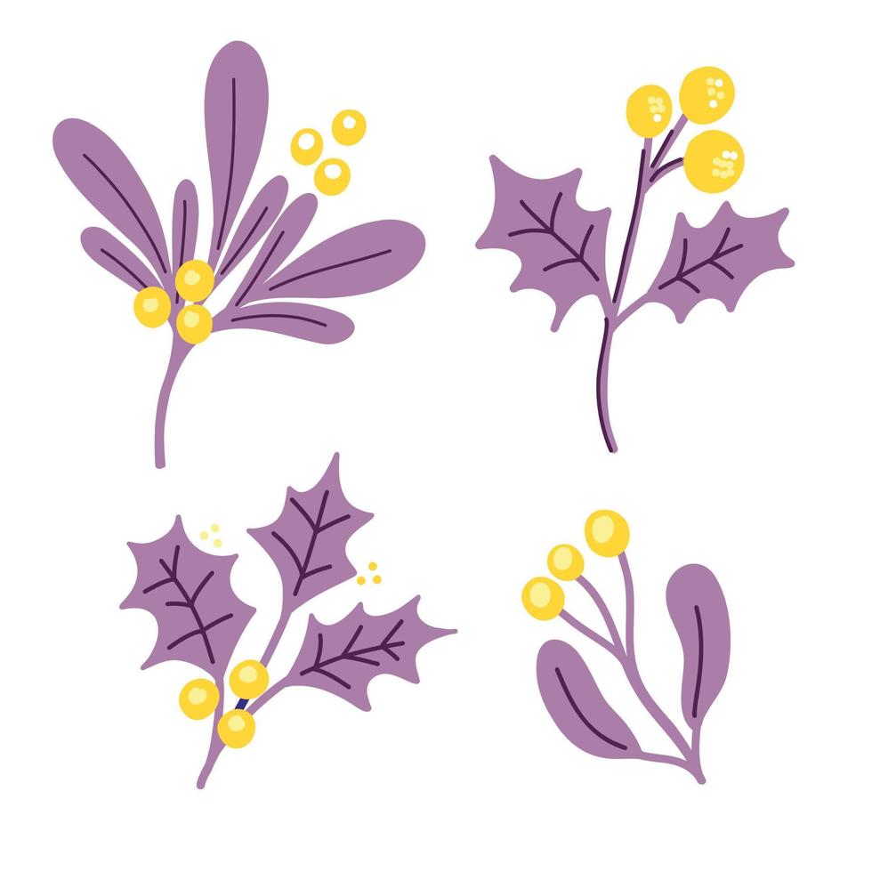 A set of vector illustrations with purple leaf twigs and pale yellow berries and flowers in a doodle handmade style on a white background. Botanical illustration for postcards, gifts, holidays