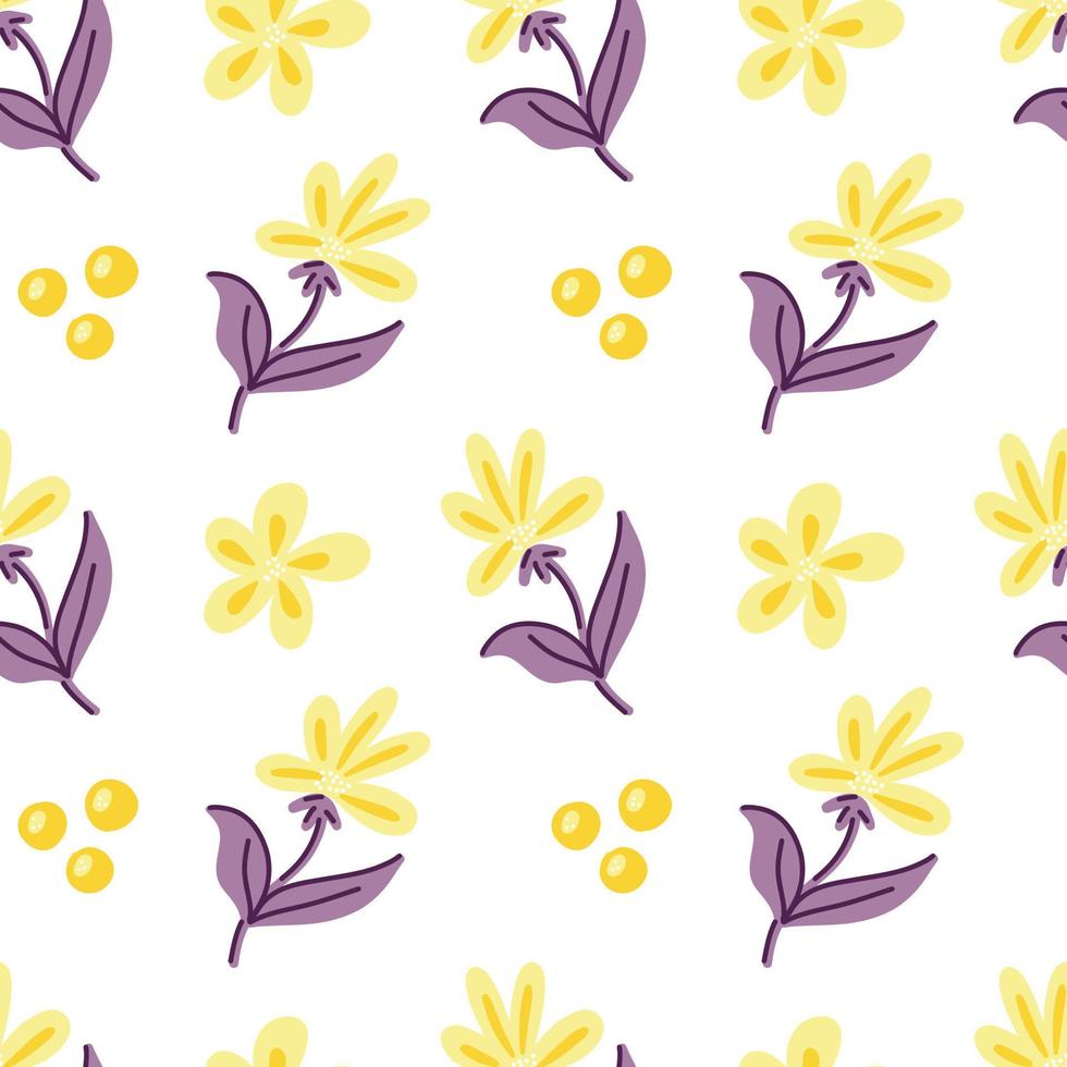 Vector pattern with purple and yellow abstract twigs of leaves and flowers on a white background. Botanical pattern for postcards, gifts, holidays, fabrics, packaging