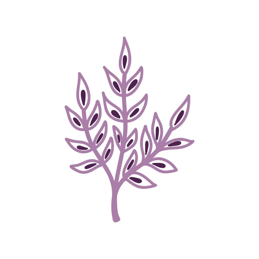 Vector illustration with purple abstract twigs of leaves in a flat handmade style on a white background. Botanical illustration for postcards, gifts, holidays, fabrics