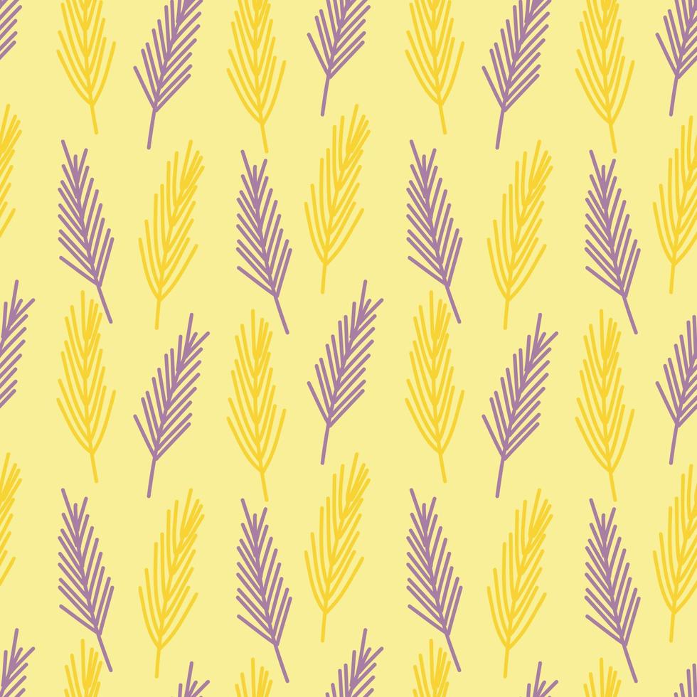 Vector pattern with purple and yellow abstract twigs on a soft yellow background. Botanical pattern for postcards, gifts, holidays, fabrics, packaging